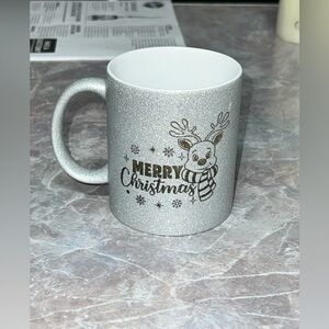 Merry Christmas Reindeer Silver Glitter Coffee Mug